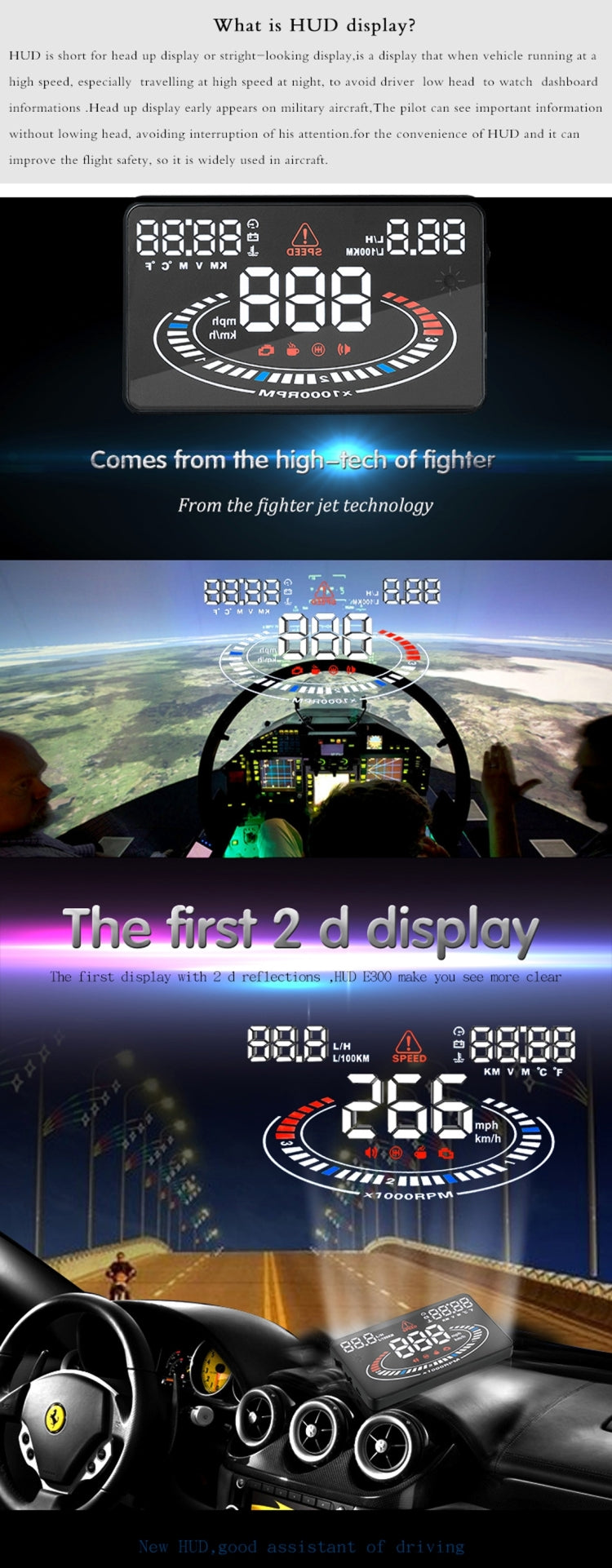 Instruction page with E300 HUD display diagram and example digital readouts.