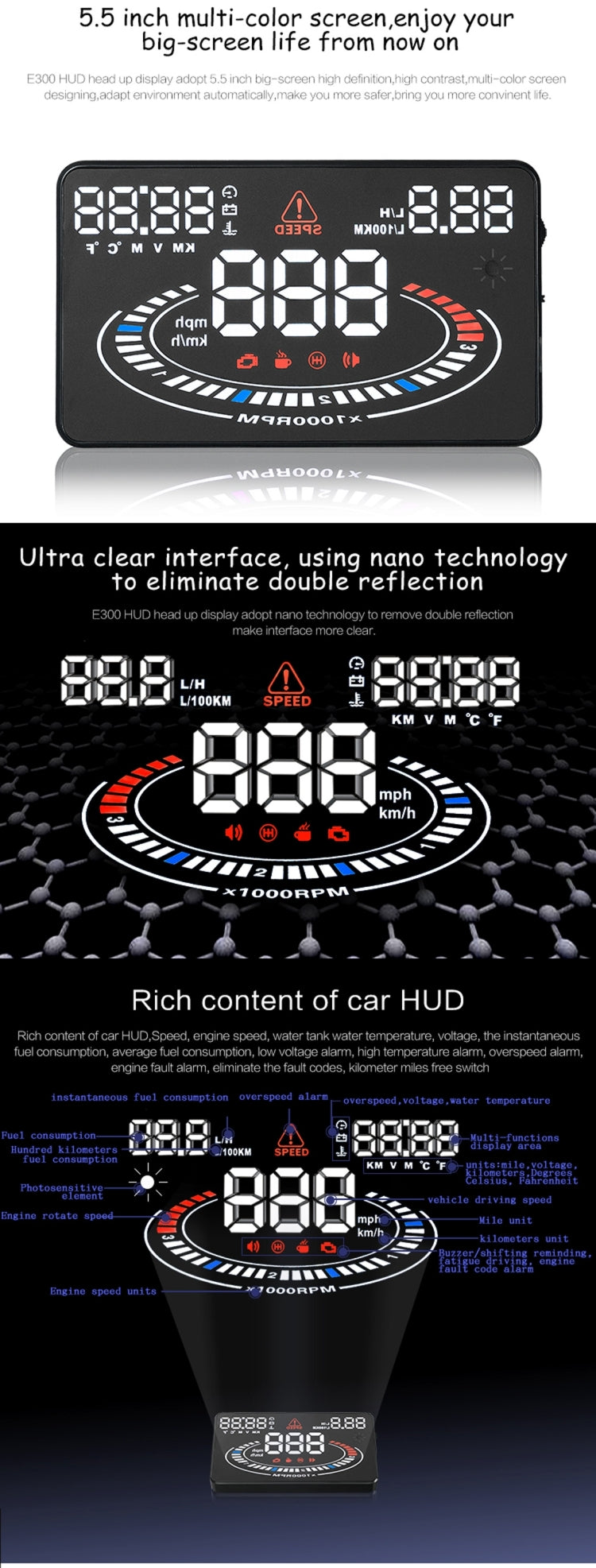 Marketing page describing E300 HUD with multi-color display and example numbers.