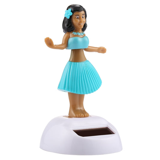 Solar bobble-head hula dancer ornament, side view, blue skirt on white solar base