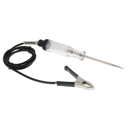 DC circuit tester pen with clear body, pointed probe, and black alligator clip lead