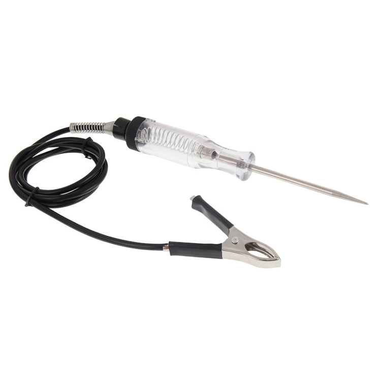 Circuit tester pen with clear housing and black cable, plus metal alligator clip