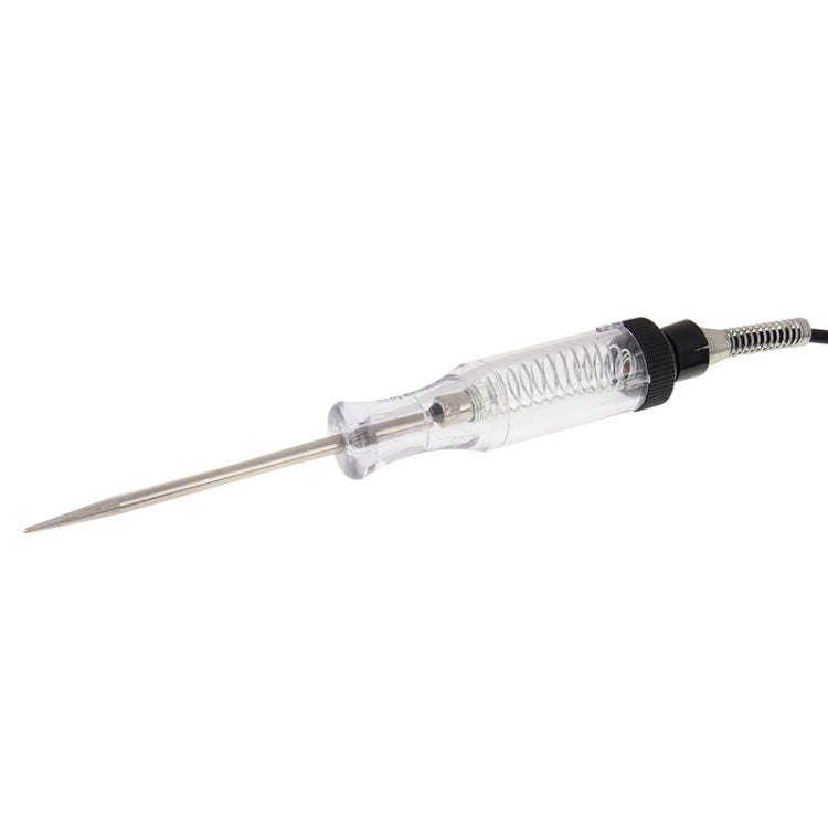 Clear DC circuit tester pen with pointed probe and coiled spring connector