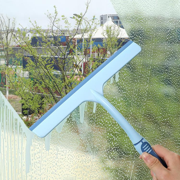 Blue plastic window squeegee with nonslip grip handle and wide rubber blade