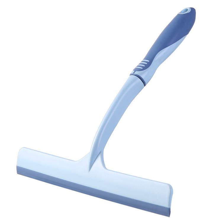 Blue and light-blue plastic window squeegee with handle and straight rubber blade