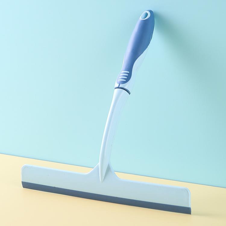 Blue-handled plastic window squeegee with flat rubber blade for cleaning glass