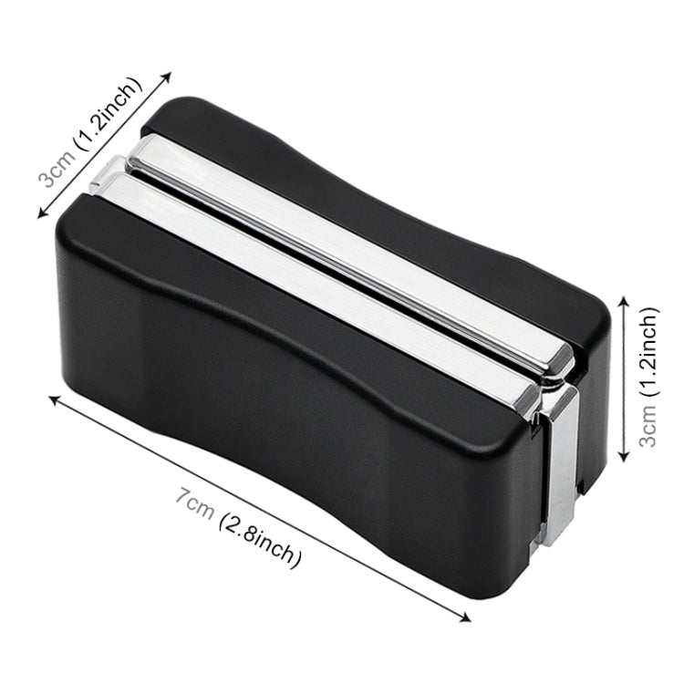 Black car wiper blade restorer tool, long rectangular body with chrome rails