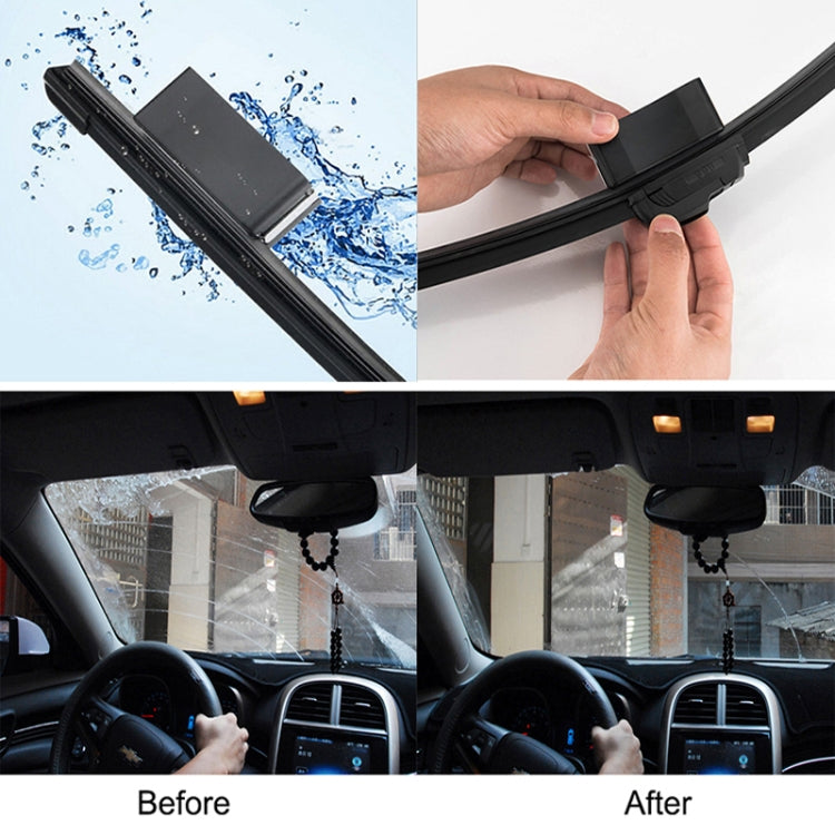 Wiper blade restorer tool in use on car windshield wipers, before and after view