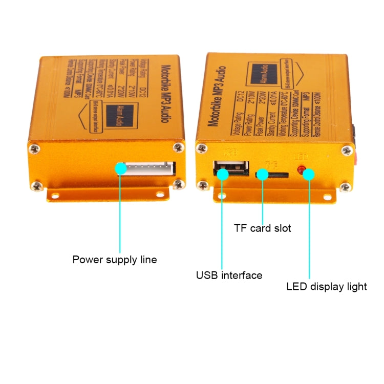 Motorcycle audio player panel showing TF card slot, USB interface, and LED display light