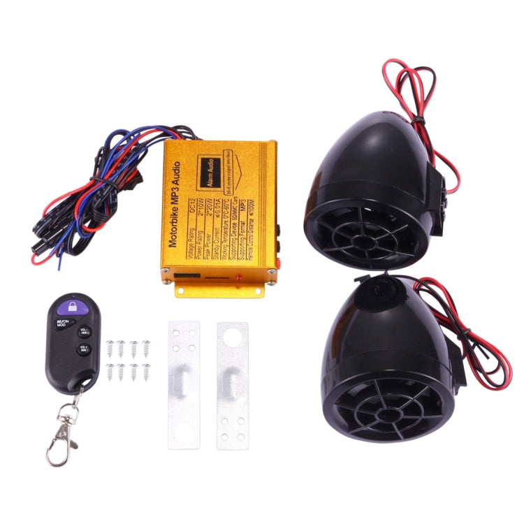 Motorcycle MP3 player kit with dual speakers, control unit, remote, and mounting parts