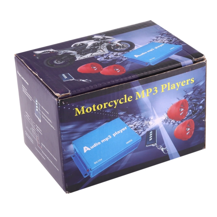 Motorcycle MP3 player retail box with speaker illustrations and control unit graphic