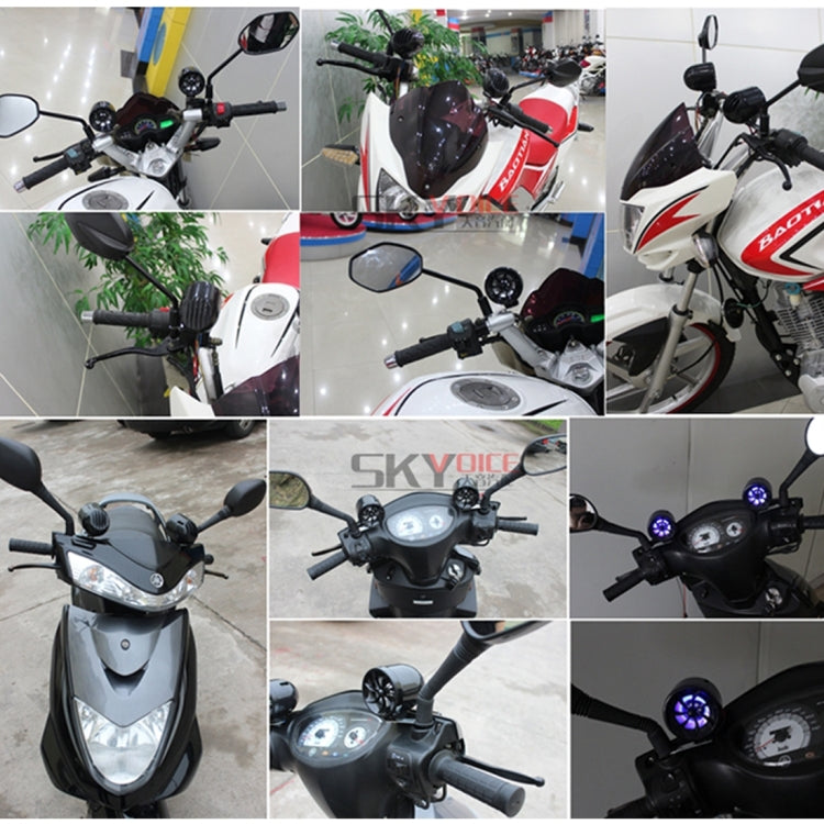 Motorcycle MP3 audio system installed on scooter handlebar dashboard and speakers