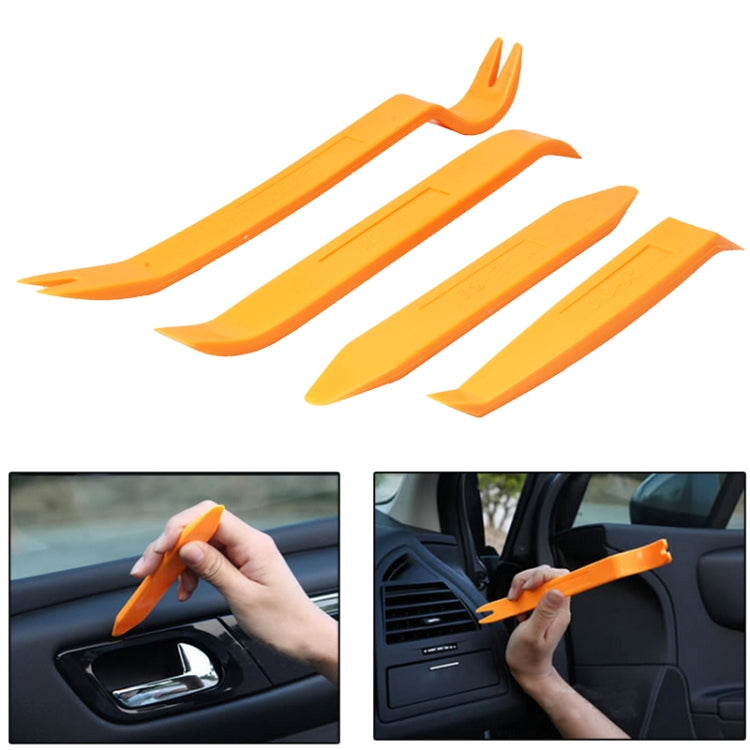 Orange car trim removal tool set shown prying door handle and dashboard panel
