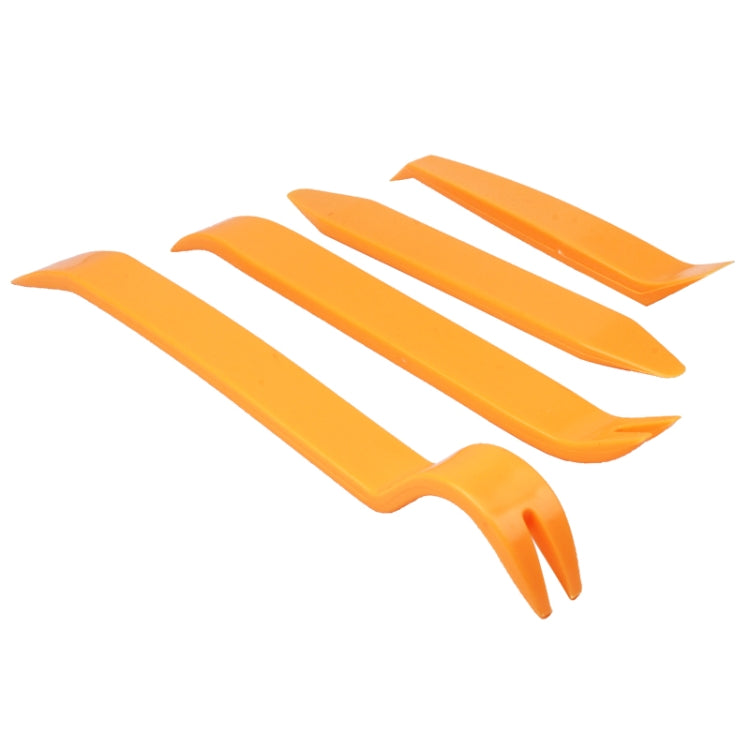 Orange plastic car trim pry tools set with flat wedges and curved tip