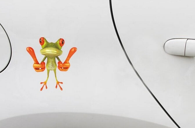 Frog character car sticker, small green frog with orange barbell design