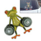 Green frog car sticker holding a gray barbell with orange hands, die-cut