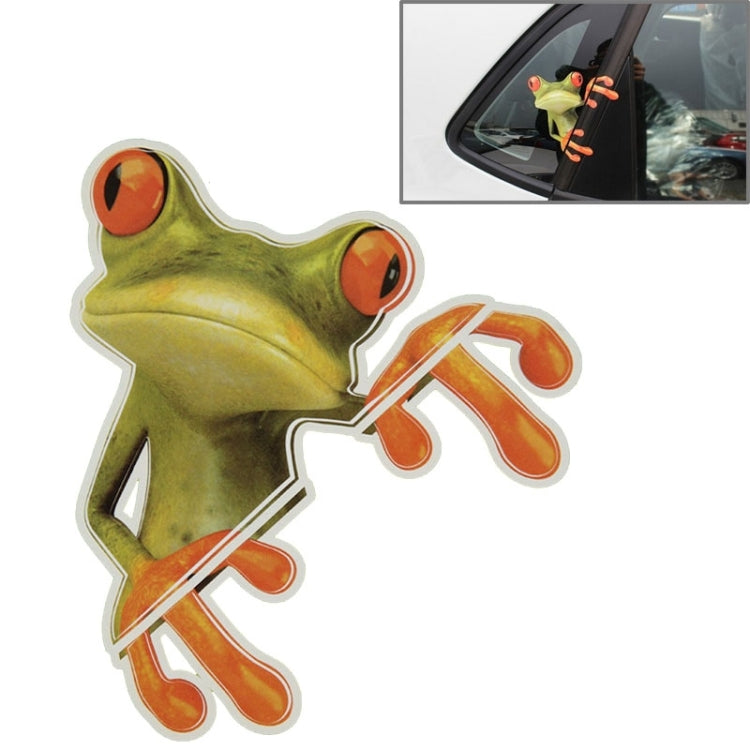 Leaning green frog car sticker with orange barbell and orange eyes, die-cut