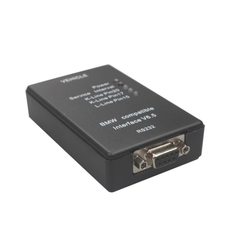 Black OBDII diagnostic interface box with DB9 connector and RS232 markings