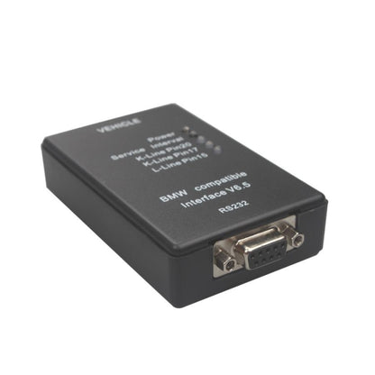 Black OBDII diagnostic interface box with DB9 connector and RS232 markings