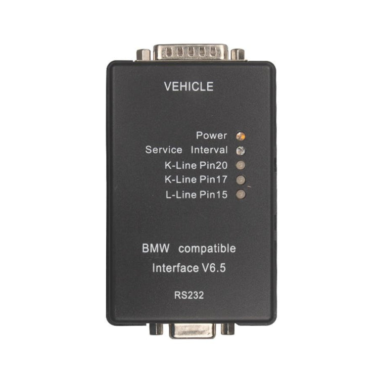 Black diagnostic interface with port openings, indicator lights, and RS232