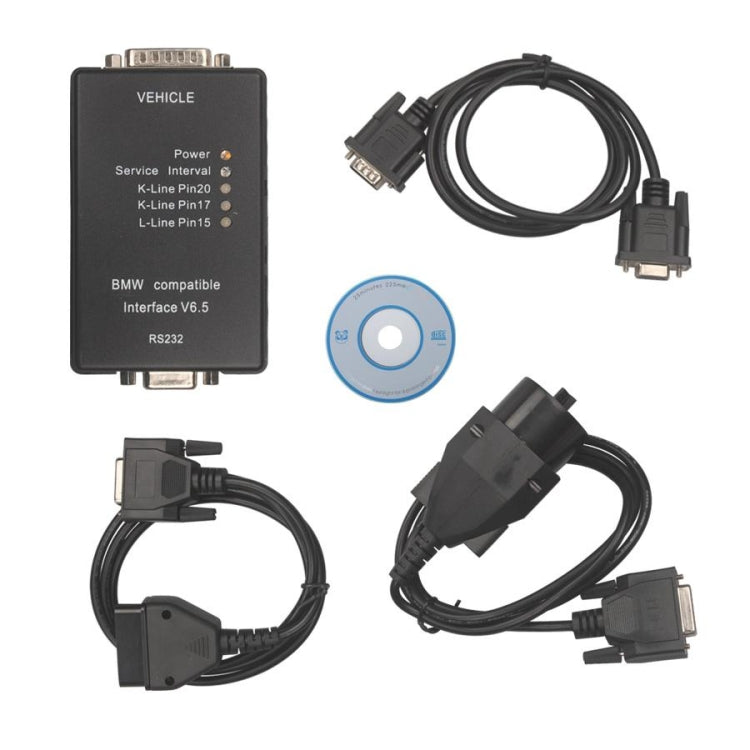 OBDII diagnostic interface kit with black device, cables, and blue CD