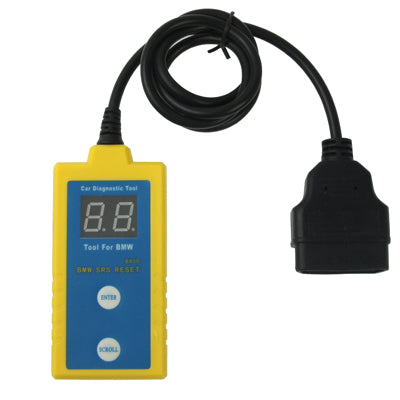 Yellow handheld diagnostic tool with screen and black OBD-style cable connectors