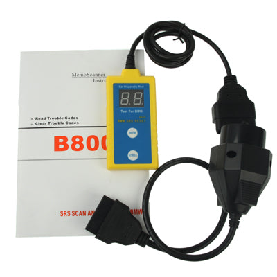 Yellow scan/reset tool with 8.8 display and black diagnostic cables with connector