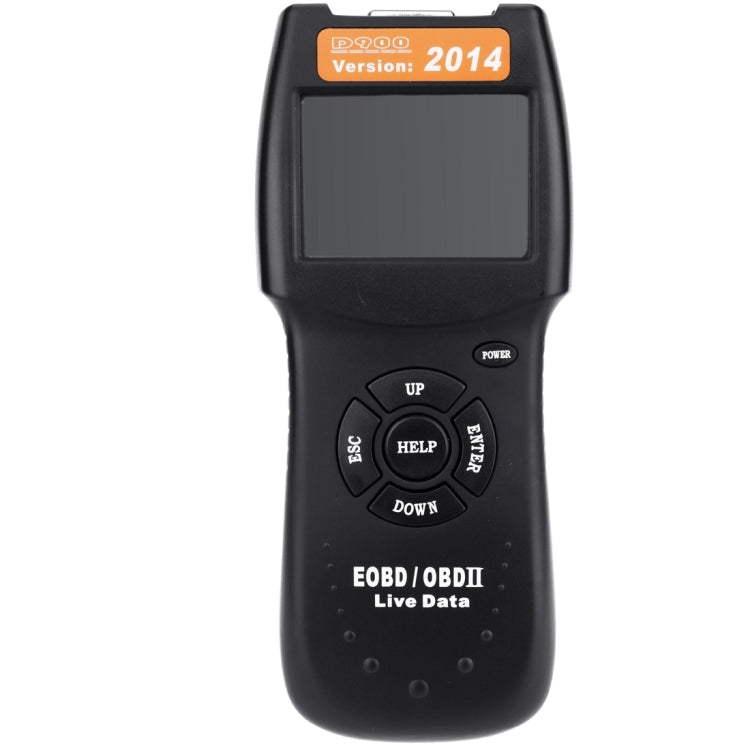 Black handheld OBDII code reader with screen, Version 2014 label, and control buttons