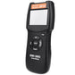 Black handheld OBDII code reader with screen, help buttons, and Version 2014 label