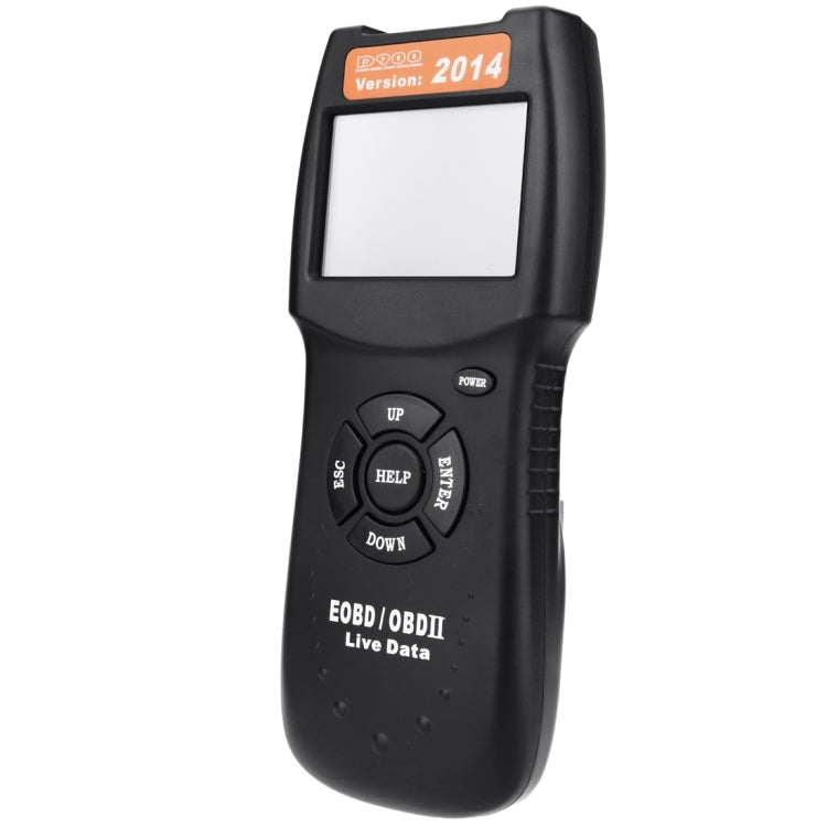 Black handheld OBDII code reader with screen, help buttons, and Version 2014 label