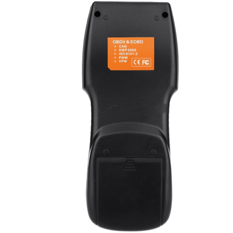 Back view of black OBDII code reader with orange compatibility label and mounting holes