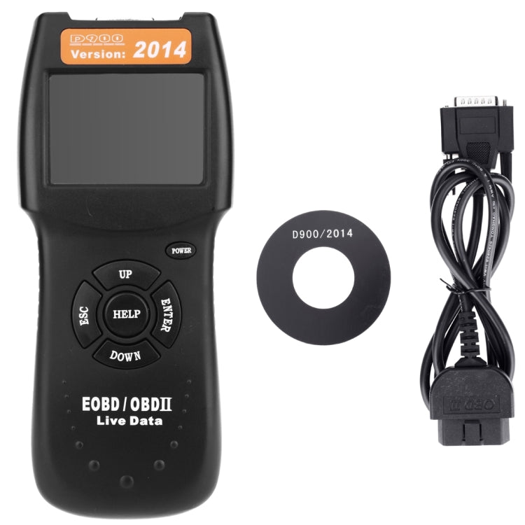 OBDII code reader kit: handheld unit, round O-ring, and attached cable with OBD plug