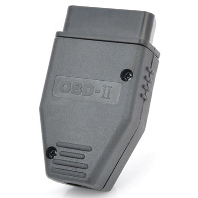 OBD-II diagnostic adapter, gray housing with OBD-II marking and side screw holes