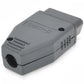 OBD-II 16-pin adapter housing, gray body with port opening and side grille
