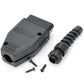 OBD-II 16-pin adapter with black cable plug and included screws, gray housing