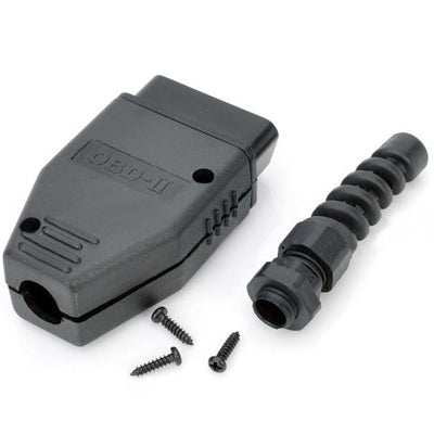 OBD-II 16-pin adapter with black cable plug and included screws, gray housing