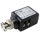 Black passive video transceiver balun with BNC jack and two screw terminal ports