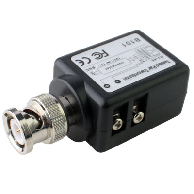 Black passive video transceiver balun with BNC jack and two screw terminal ports