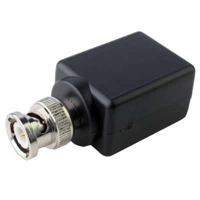 Black passive video transceiver balun with front BNC jack connector