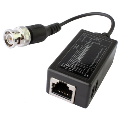 CCTV video balun transceiver with RJ45 port and BNC coax connector on cable