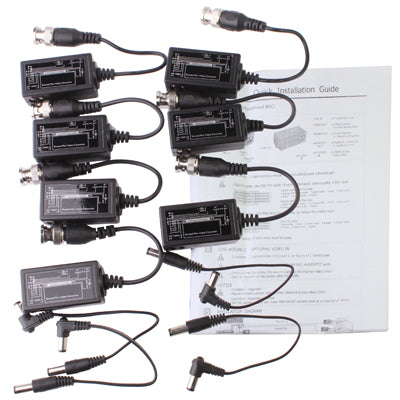 CCTV video balun transceiver kit with multiple units and an instruction guide