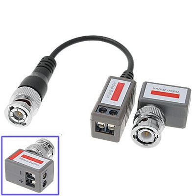 Passive BNC video balun transceiver set with black cable and connector inset detail