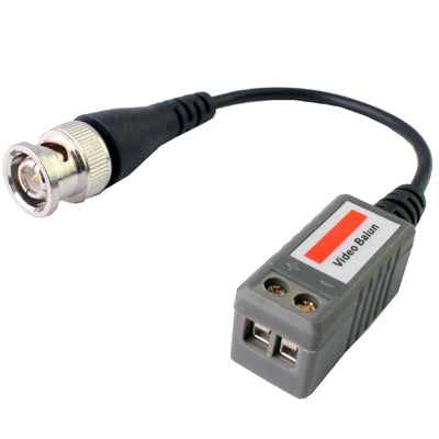 Passive BNC video balun transceiver with black cable and gray terminal module