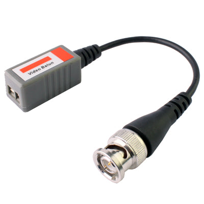 Passive BNC video balun transceiver with gray terminal box and black jacket cable