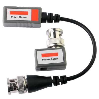Pair of passive BNC video balun transceivers with black cables and gray housings