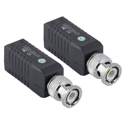 CCTV passive video balun transceivers, two-pack with black housing and BNC connectors
