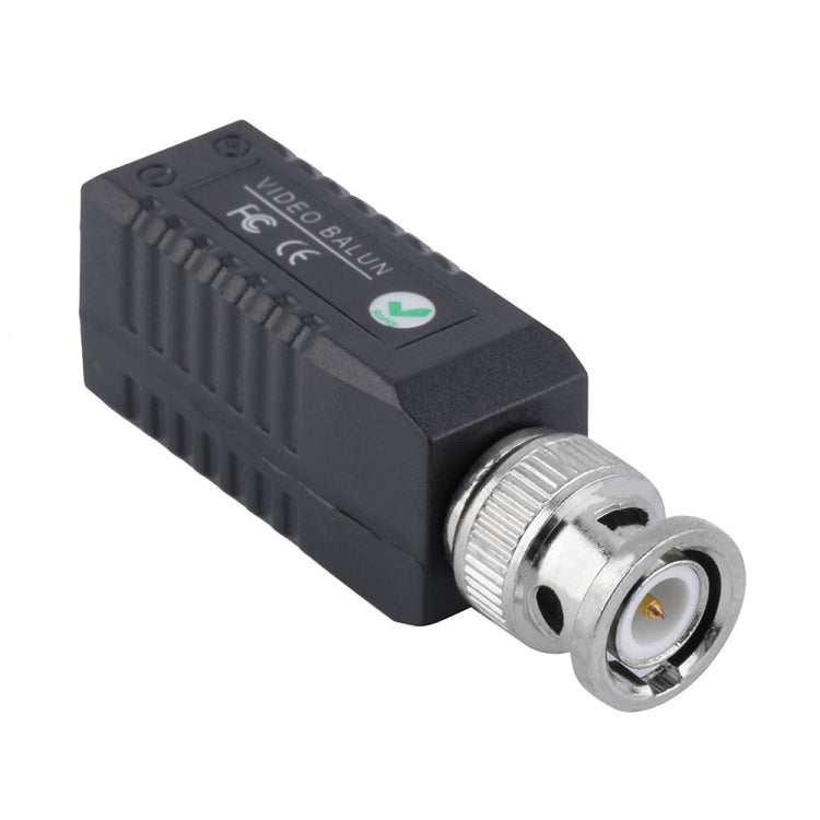 CCTV passive video balun transceiver with black body and BNC male coax connector