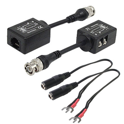 Two passive video baluns with RJ45 and two BNC cables with power leads