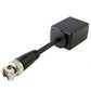 Black passive balun with RJ45 Ethernet jack and BNC plug connector