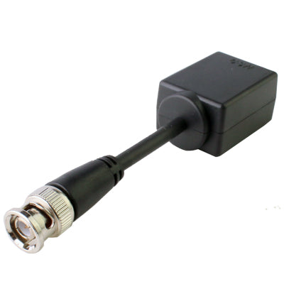 Black passive balun with RJ45 Ethernet jack and BNC plug connector
