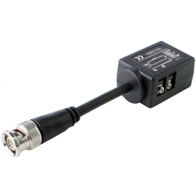 Passive balun with BNC plug and RJ45 port, black housing with label details
